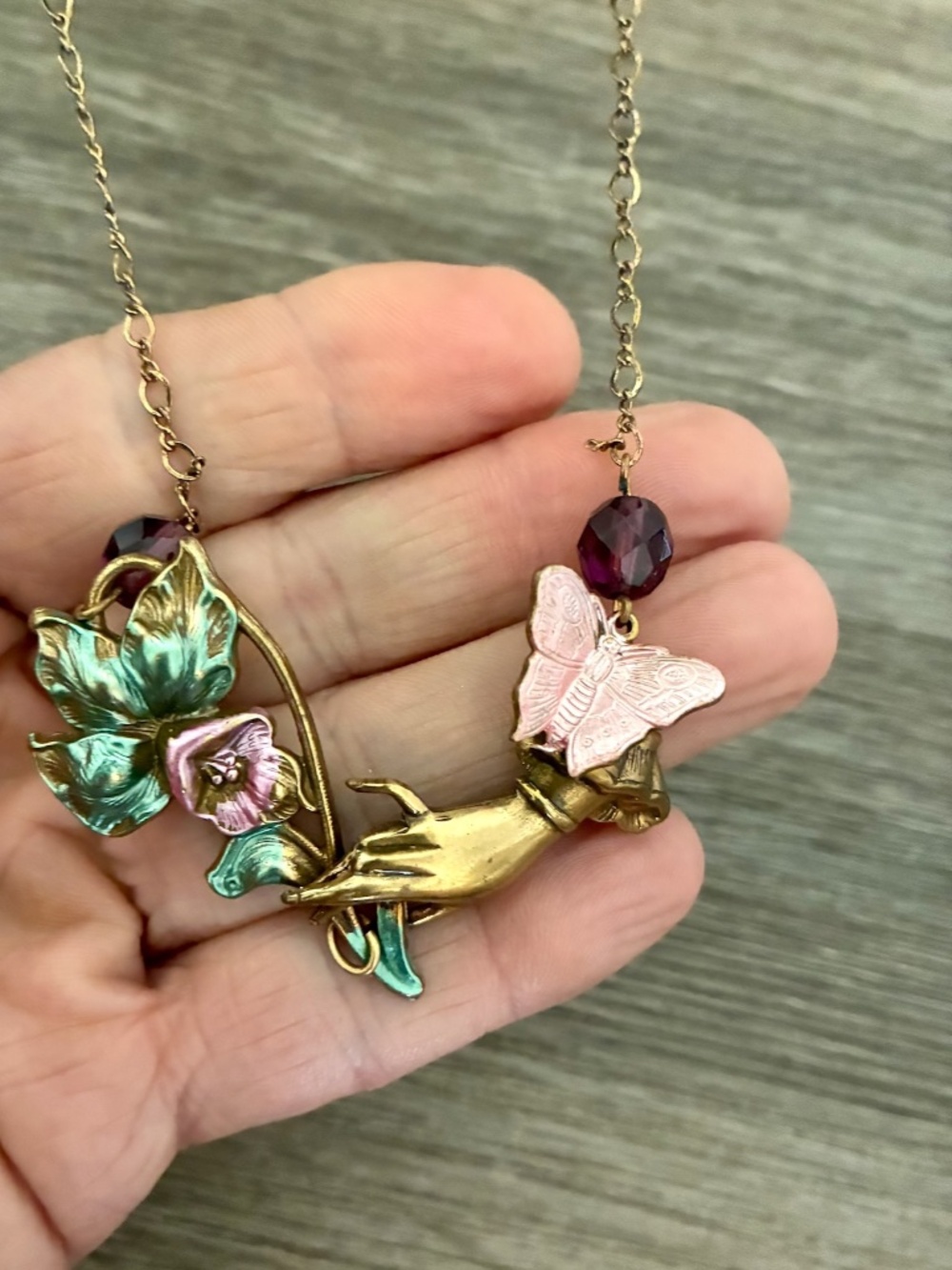 VTG 1990s Hand Necklace Holding Flowers and Butterfly Michel Negrin 27 Inches